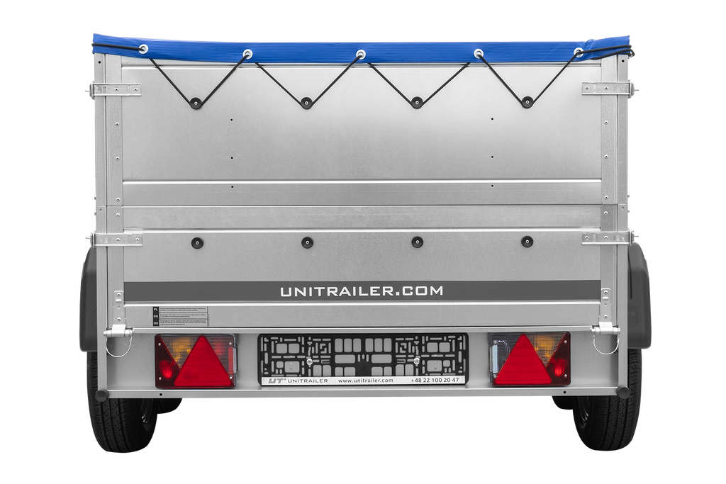 GARDEN TRAILER 264/2 KIPP Doppelachsanhänger mit Stützrad, Planenstützen, zusätzlichen Bordwänden und flacher blauer Plane