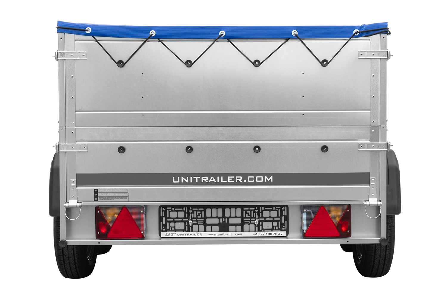 GARDEN TRAILER 264/2 KIPP Doppelachsanhänger mit Stützrad, Planenstützen, zusätzlichen Bordwänden und flacher blauer Plane