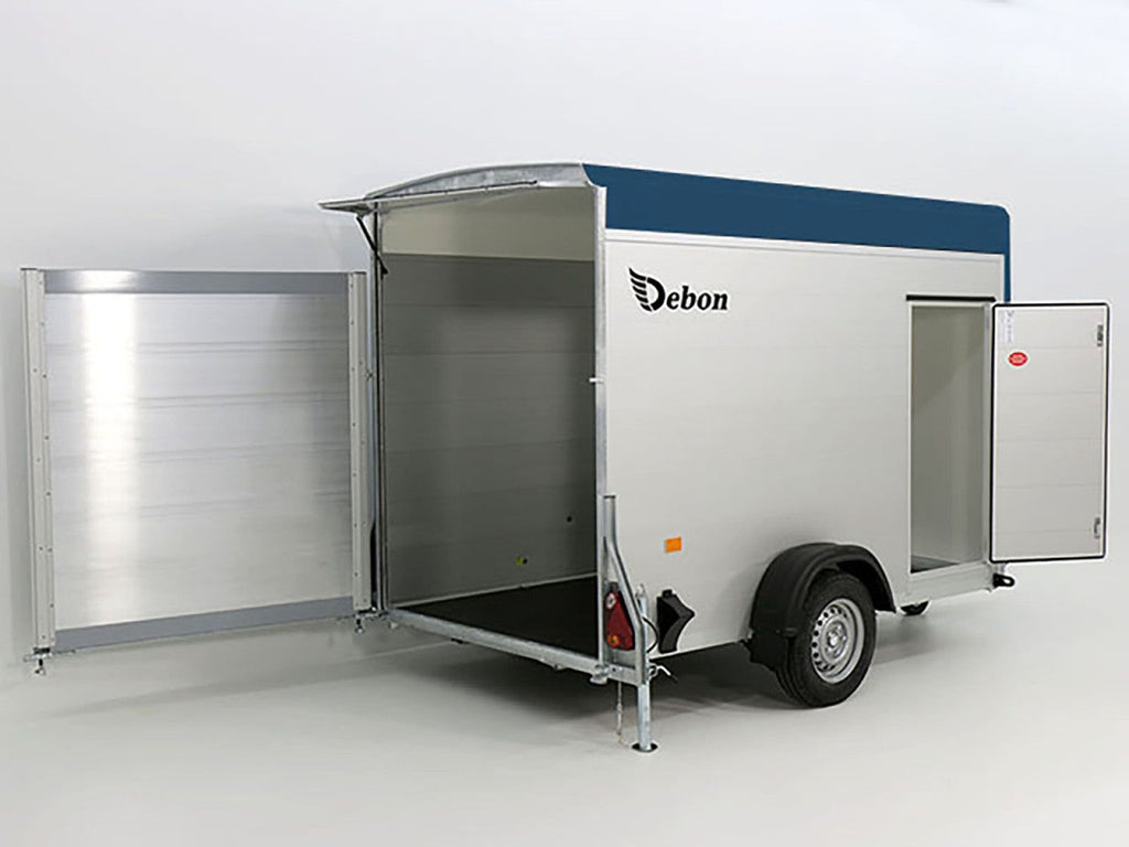 Debon Kofferanhänger C300 148x295cm H:190cm 1,3t|Alu, Polybug|Tür|blau-Neu
