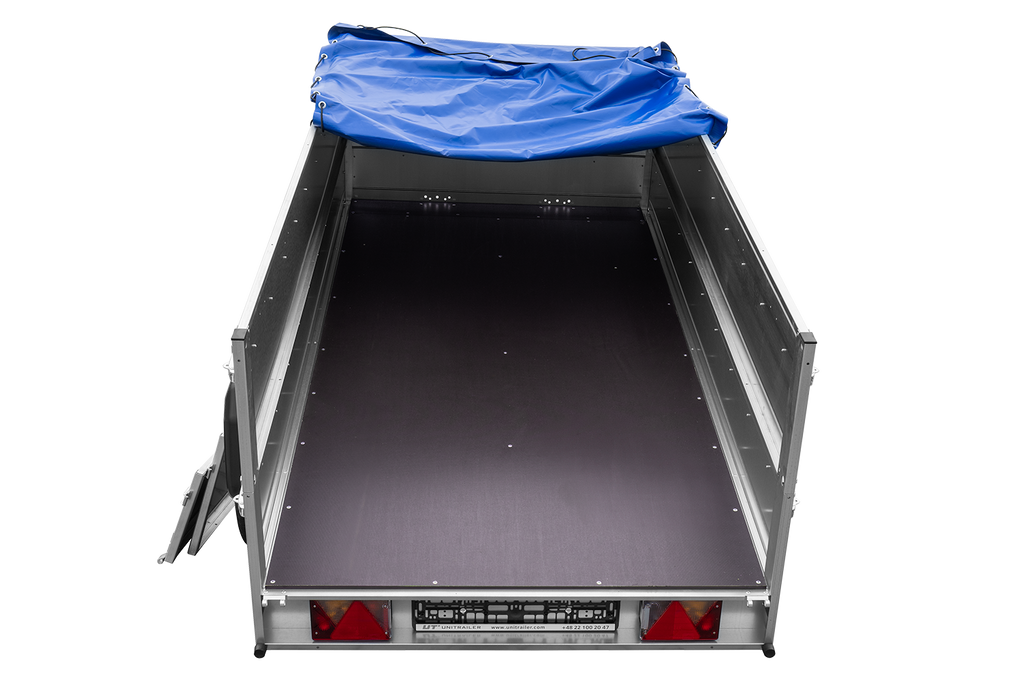 GARDEN TRAILER 264/2 KIPP Doppelachsanhänger mit Stützrad, Planenstützen, zusätzlichen Bordwänden und flacher blauer Plane