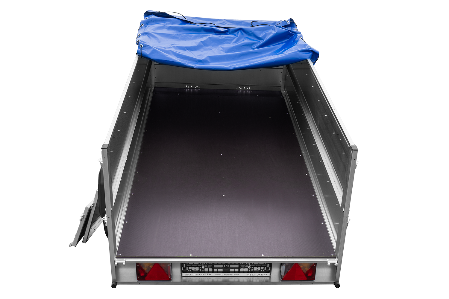 GARDEN TRAILER 264/2 KIPP Doppelachsanhänger mit Stützrad, Planenstützen, zusätzlichen Bordwänden und flacher blauer Plane