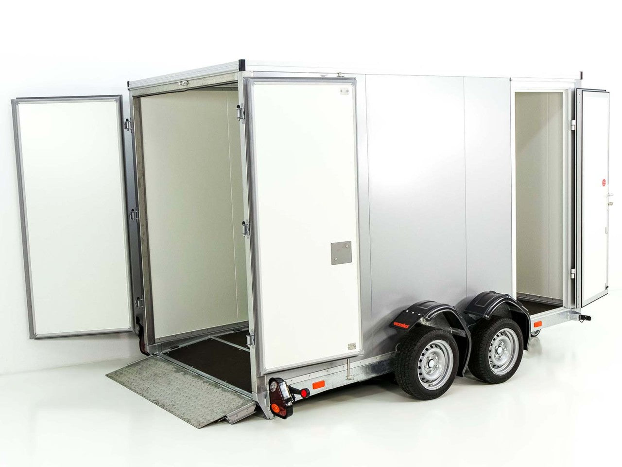 Vezeko Koffer-Absenkanhänger 157x344cm Höhe:210cm 2,7t|Tür|E-Pumpe|silber-Neu
