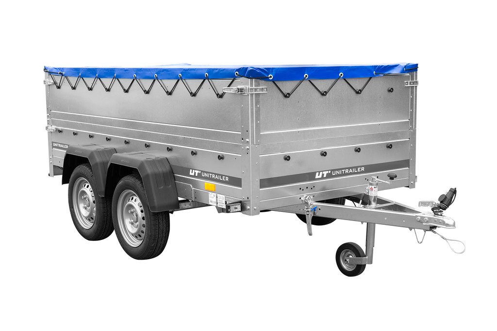 GARDEN TRAILER 264/2 KIPP remorque à deux essieux avec roue jockey, tiges de support, ridelles supplémentaires et bâche plate bleue