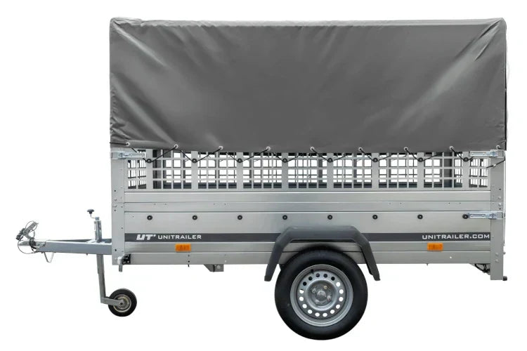 Großer Anhänger 230×125 mit hoher grauer Plane, Gitterbordwänden und Stützrad – Garden Trailer 230 KIPP