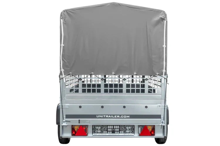 Großer Anhänger 230×125 mit hoher grauer Plane, Gitterbordwänden und Stützrad – Garden Trailer 230 KIPP