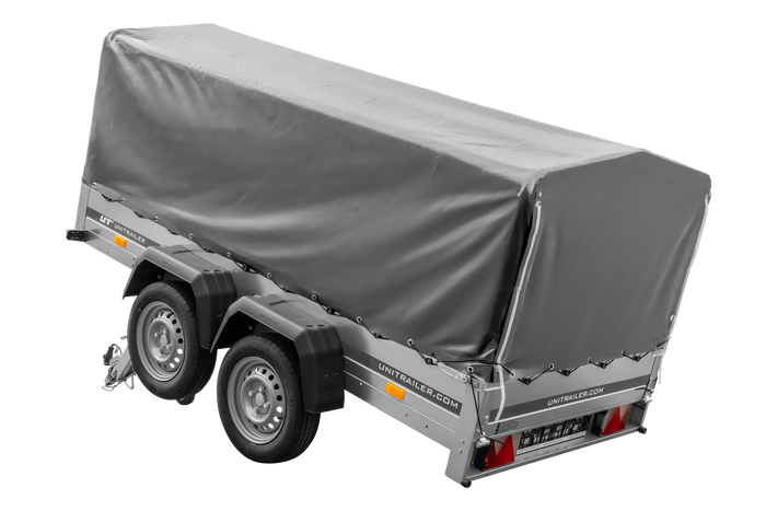 Doppelachs-Anhänger UNITRAILER 264/2 KIPP mit Stützrad, Bügel und grauer Plane