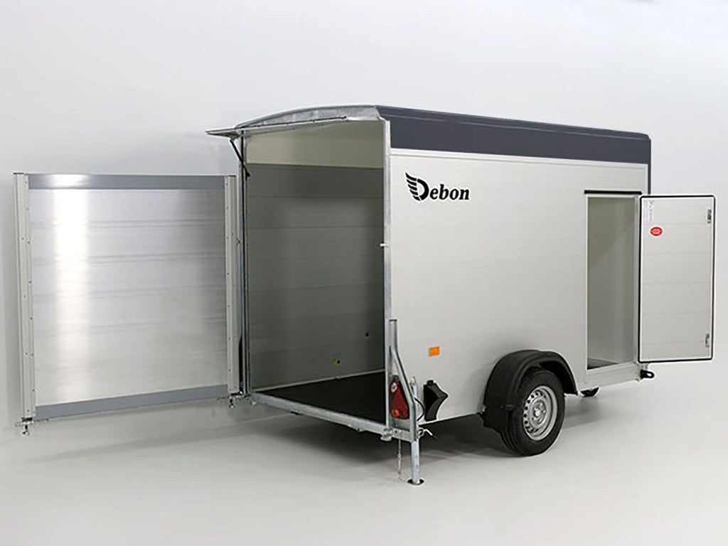 Debon Kofferanhänger C300 148x295cm H:190cm 1,3t Alu, Polybug|Tür|grau-Neu
