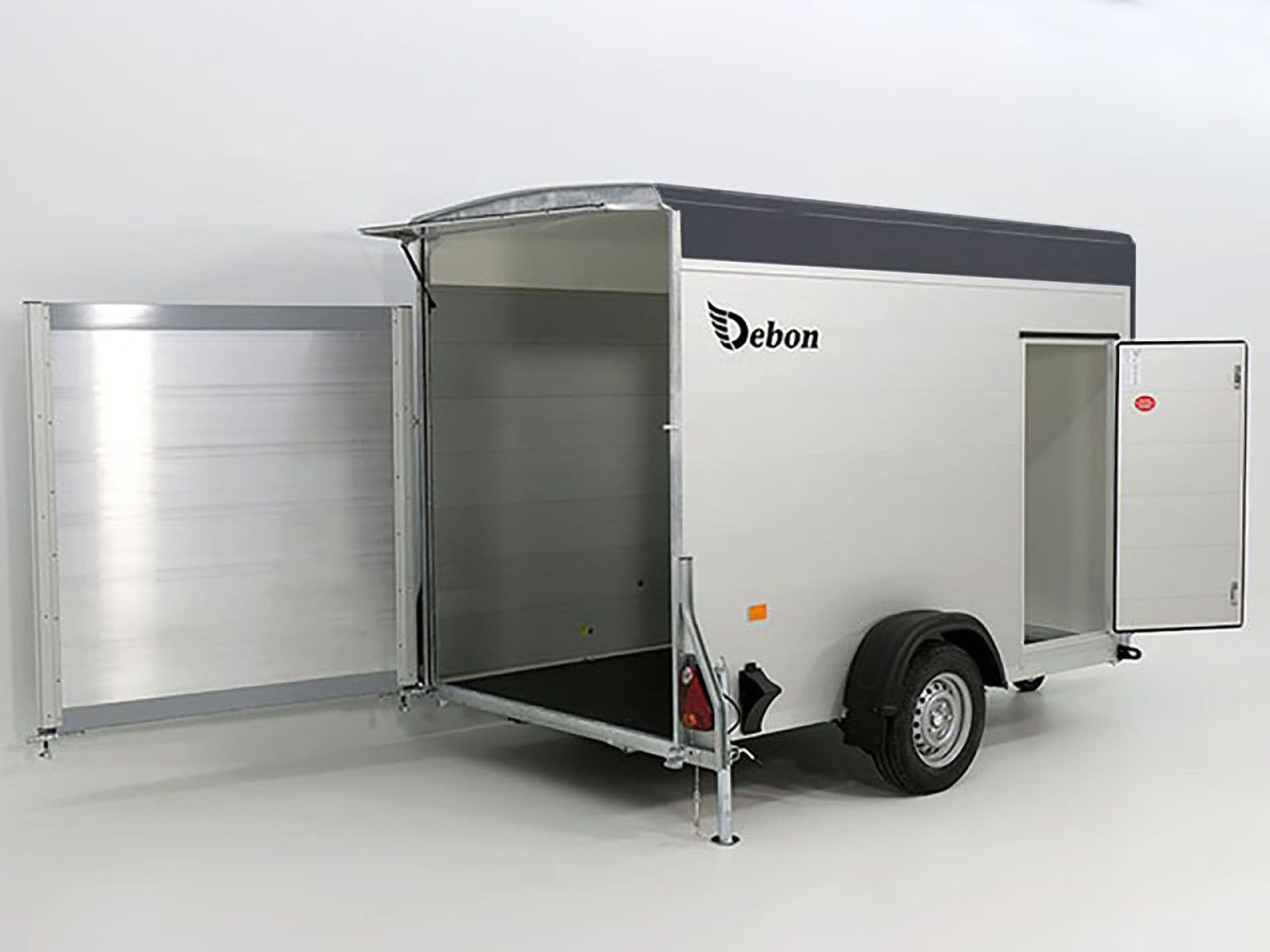 Debon Kofferanhänger C300 148x295cm H:190cm 1,3t Alu, Polybug|Tür|grau-Neu