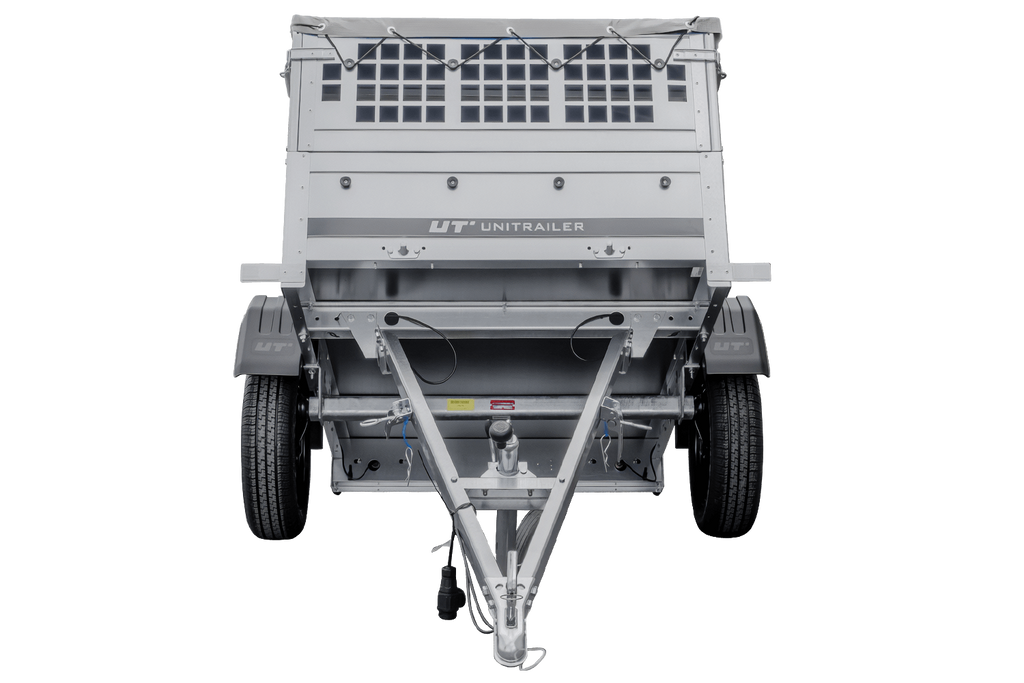Kleiner Anhänger zu verkaufen - Garden Trailer 150 KIPP (mit flacher grauer Plane, Stützrad)