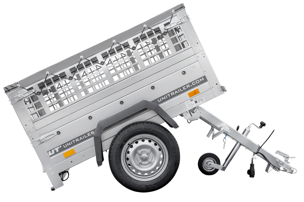 Kleiner Anhänger zu verkaufen - Garden Trailer 150 KIPP (mit flacher grauer Plane, Stützrad)