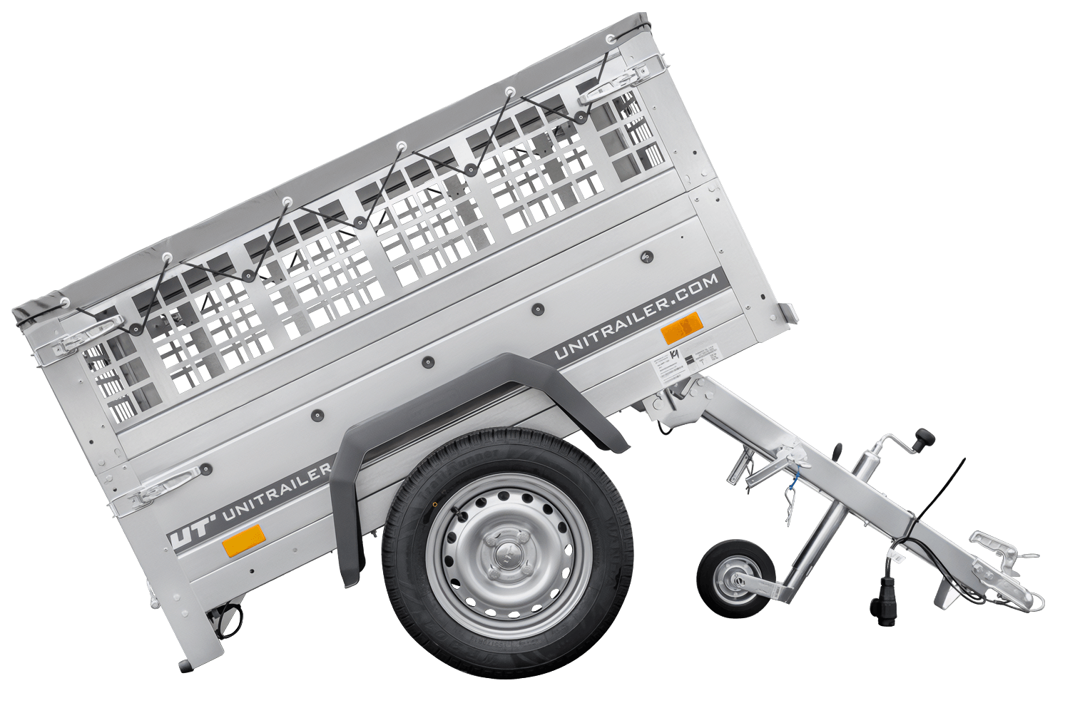 Kleiner Anhänger zu verkaufen - Garden Trailer 150 KIPP (mit flacher grauer Plane, Stützrad)