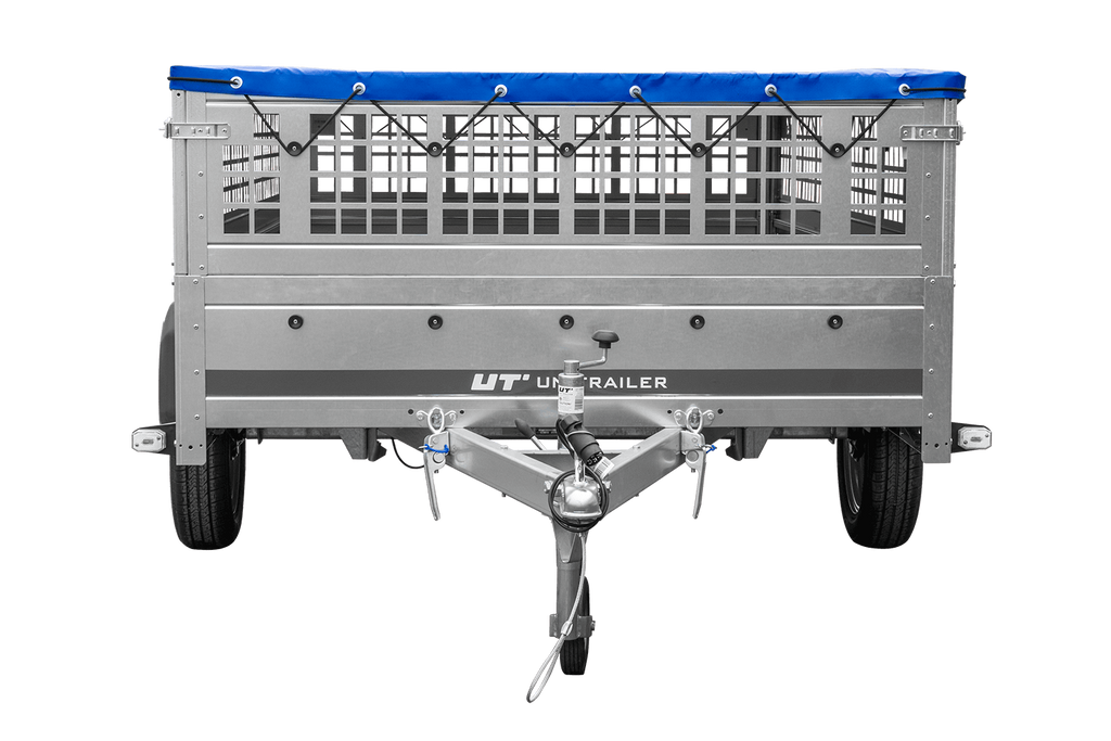 Leichter Anhänger 264x150 UNITRAILER GARDEN 265 KIPP mit Gitterbordwänden, Rahmen H-0 und blauer Plane