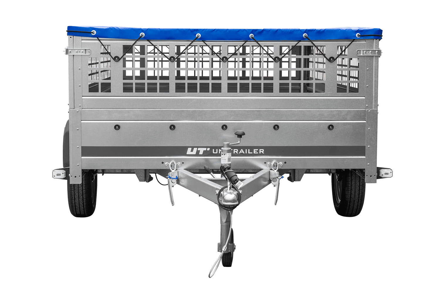 Leichter Anhänger 264x150 UNITRAILER GARDEN 265 KIPP mit Gitterbordwänden, Rahmen H-0 und blauer Plane