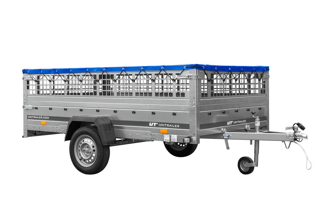 Leichter Anhänger 264x150 UNITRAILER GARDEN 265 KIPP mit Gitterbordwänden, Rahmen H-0 und blauer Plane