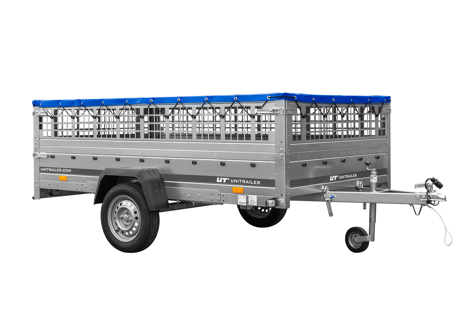 Leichter Anhänger 264x150 UNITRAILER GARDEN 265 KIPP mit Gitterbordwänden, Rahmen H-0 und blauer Plane