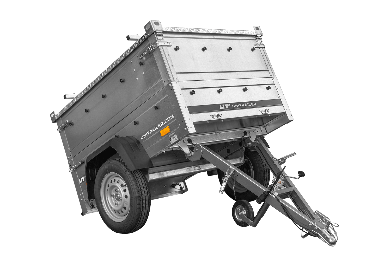 Einachsanhänger 150x106 UNITRAILER GARDEN 150 KIPP mit Seitenwänden, zusätzlichen Bordwänden und Aluminiumhaube
