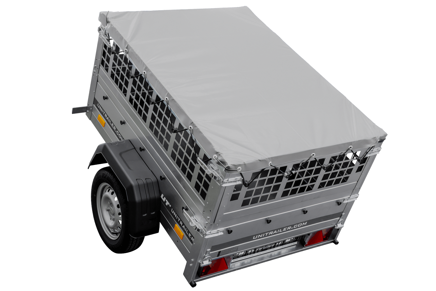 Kleiner Anhänger zu verkaufen - Garden Trailer 150 KIPP (mit flacher grauer Plane, Stützrad)