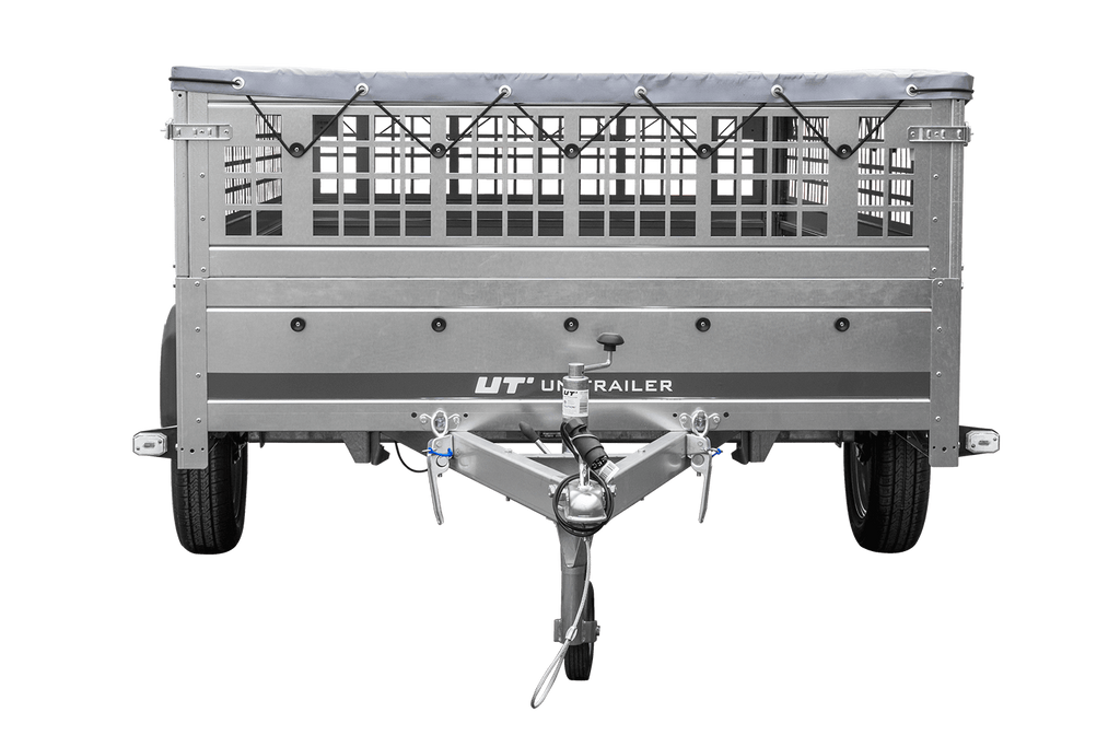Leichter Anhänger 264x150 UNITRAILER GARDEN 265 KIPP mit Gitterbordwänden, Rahmen H-0 und grauer Plane
