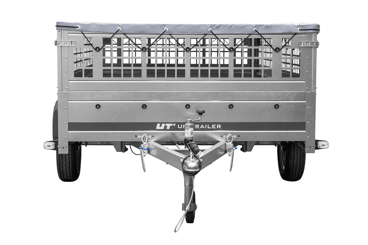 Leichter Anhänger 264x150 UNITRAILER GARDEN 265 KIPP mit Gitterbordwänden, Rahmen H-0 und grauer Plane