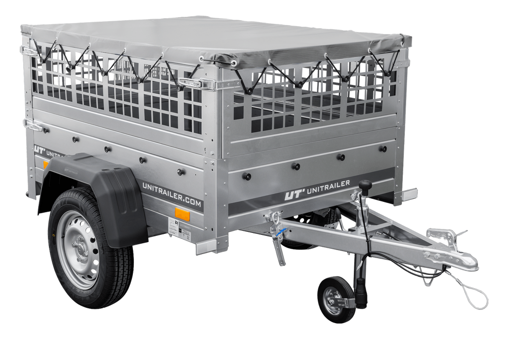 Kleiner Anhänger zu verkaufen - Garden Trailer 150 KIPP (mit flacher grauer Plane, Stützrad)