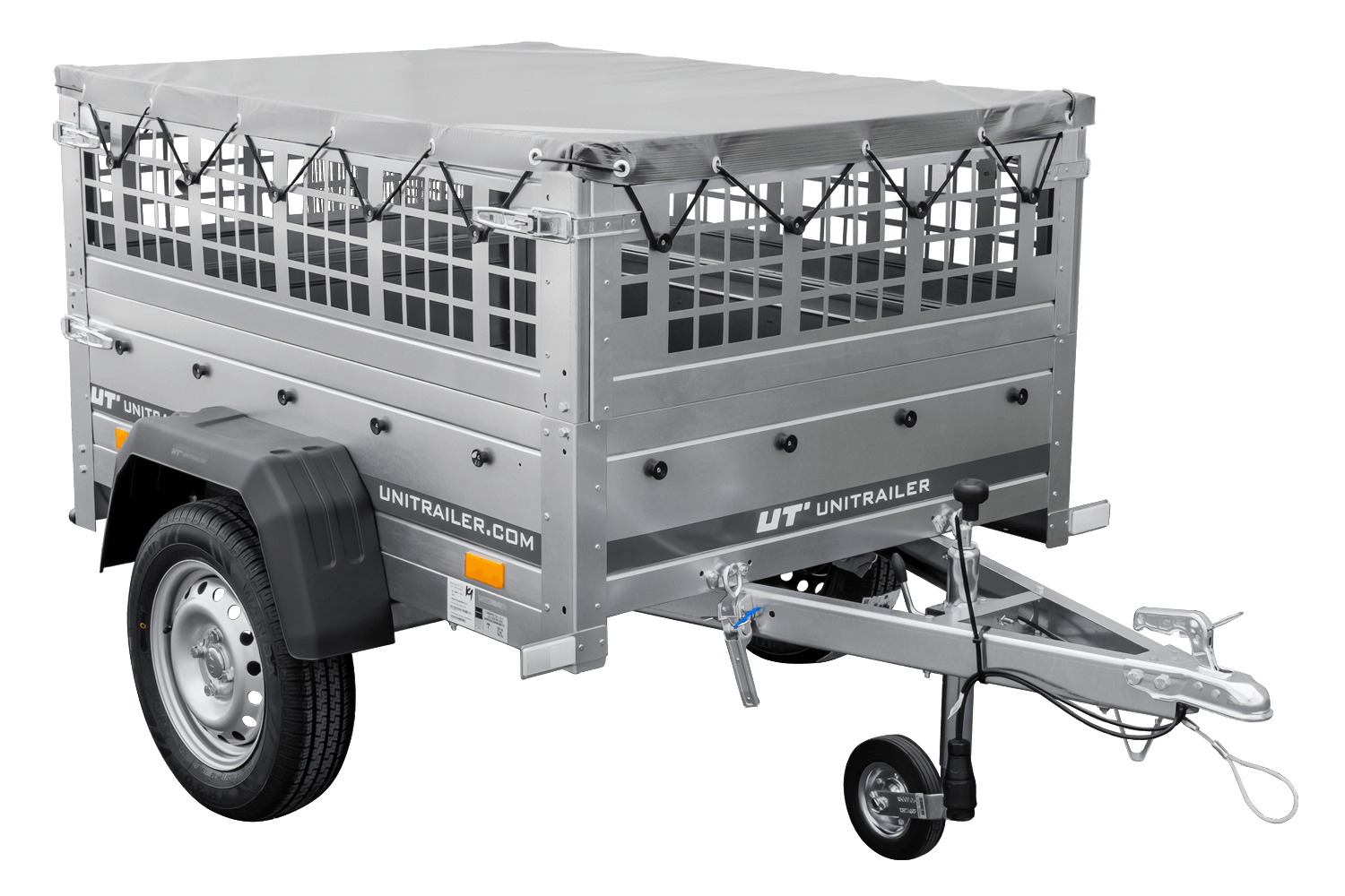 Kleiner Anhänger zu verkaufen - Garden Trailer 150 KIPP (mit flacher grauer Plane, Stützrad)
