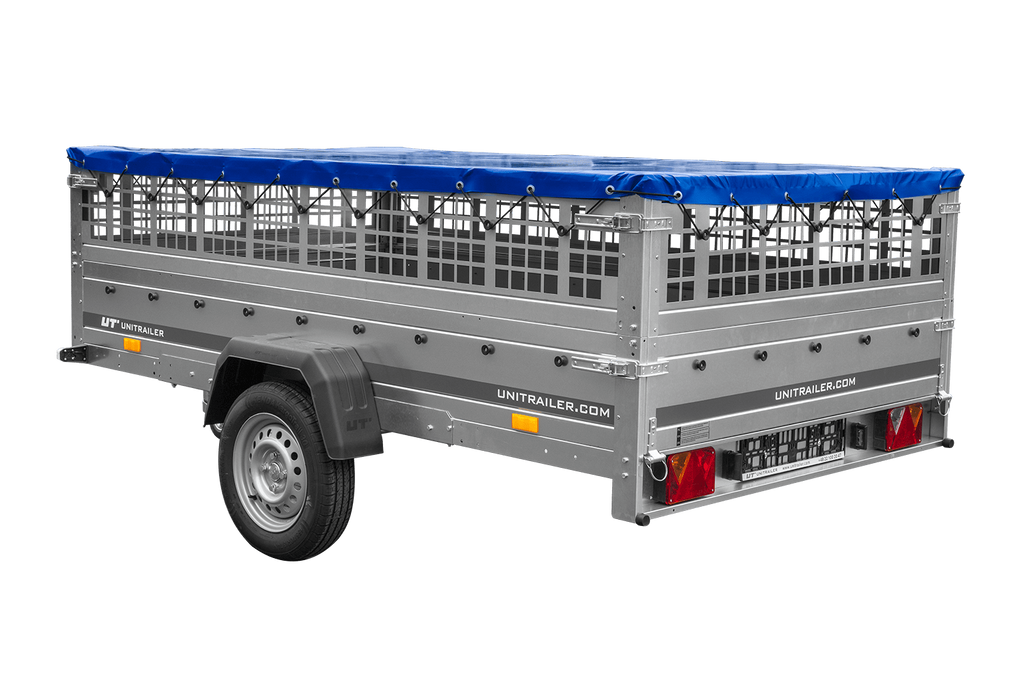 Leichter Anhänger 264x150 UNITRAILER GARDEN 265 KIPP mit Gitterbordwänden, Rahmen H-0 und blauer Plane