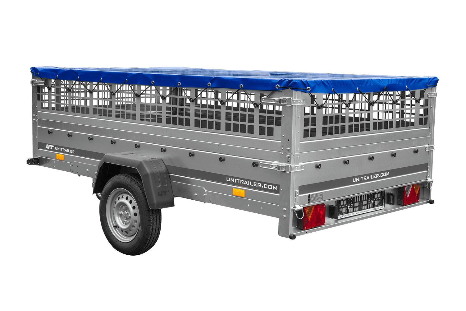 Leichter Anhänger 264x150 UNITRAILER GARDEN 265 KIPP mit Gitterbordwänden, Rahmen H-0 und blauer Plane
