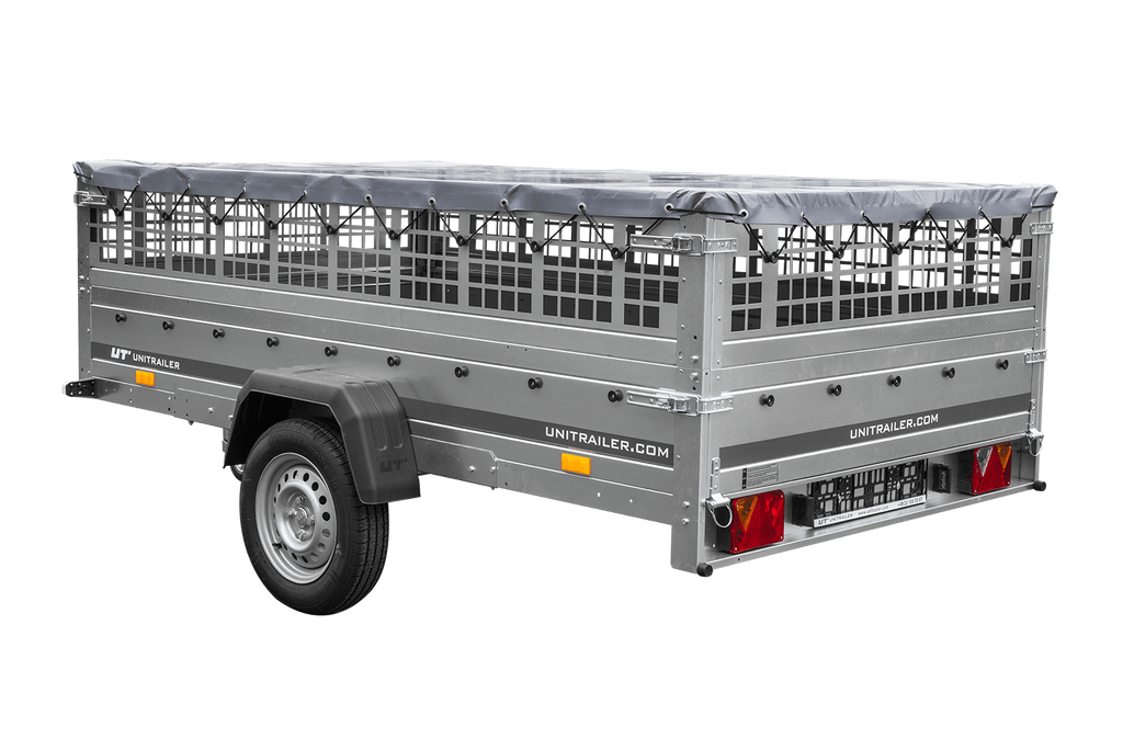 Leichter Anhänger 264x150 UNITRAILER GARDEN 265 KIPP mit Gitterbordwänden, Rahmen H-0 und grauer Plane
