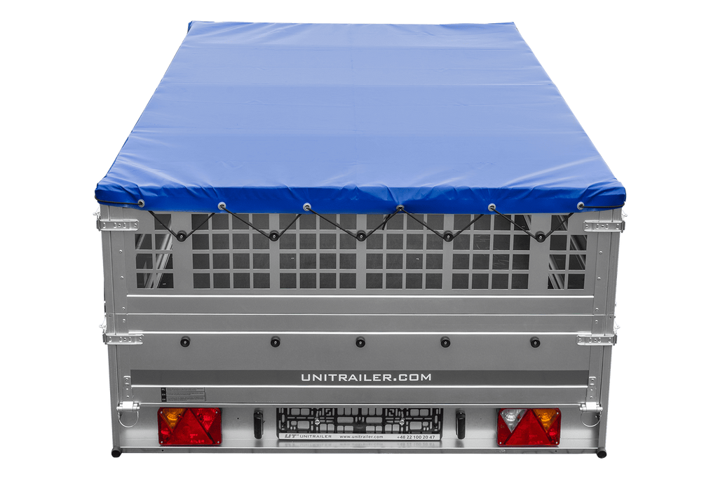 Leichter Anhänger 264x150 UNITRAILER GARDEN 265 KIPP mit Gitterbordwänden, Rahmen H-0 und blauer Plane