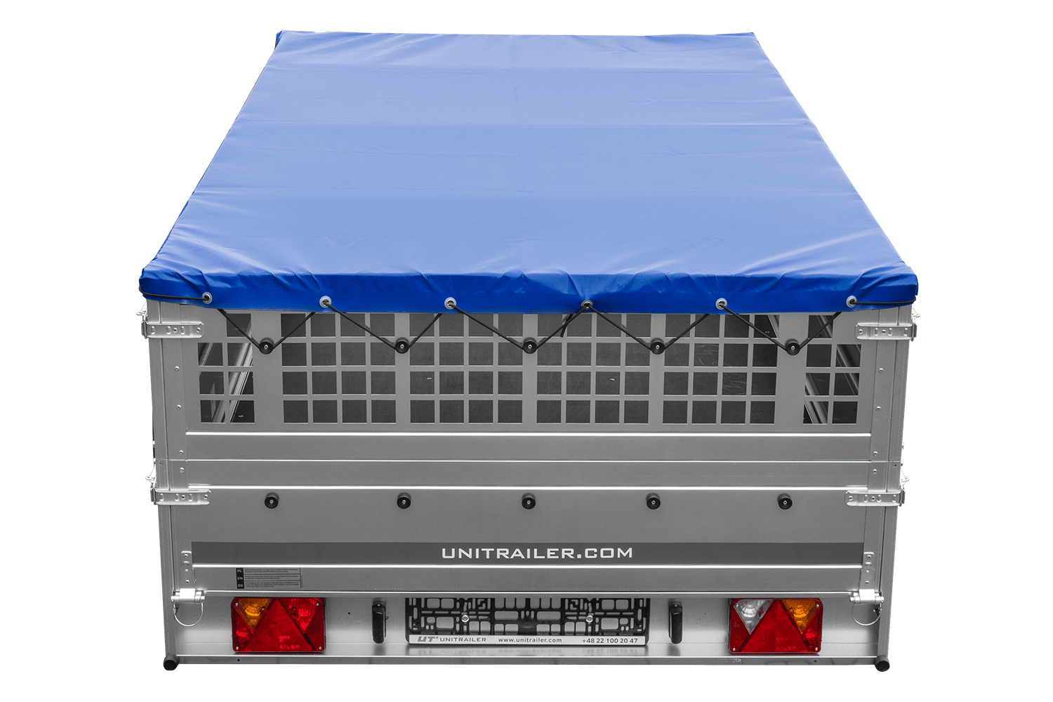 Leichter Anhänger 264x150 UNITRAILER GARDEN 265 KIPP mit Gitterbordwänden, Rahmen H-0 und blauer Plane