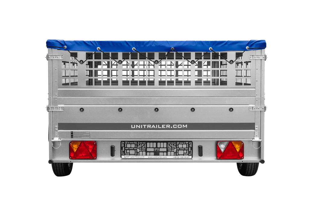 Leichter Anhänger 264x150 UNITRAILER GARDEN 265 KIPP mit Gitterbordwänden, Rahmen H-0 und blauer Plane