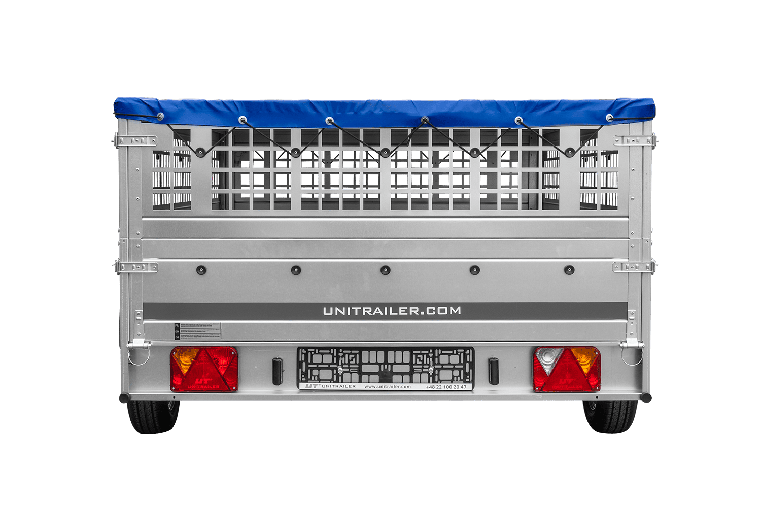 Leichter Anhänger 264x150 UNITRAILER GARDEN 265 KIPP mit Gitterbordwänden, Rahmen H-0 und blauer Plane