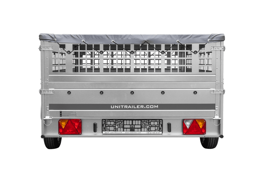 Leichter Anhänger 264x150 UNITRAILER GARDEN 265 KIPP mit Gitterbordwänden, Rahmen H-0 und grauer Plane