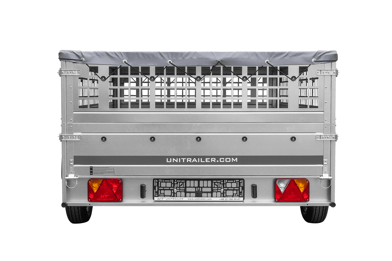 Leichter Anhänger 264x150 UNITRAILER GARDEN 265 KIPP mit Gitterbordwänden, Rahmen H-0 und grauer Plane
