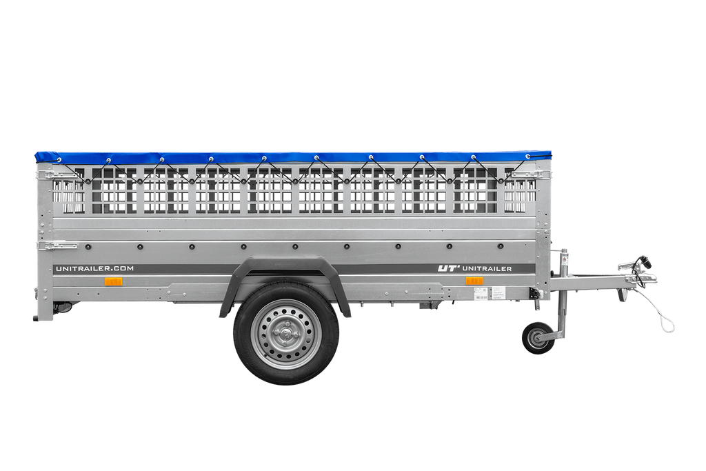 Leichter Anhänger 264x150 UNITRAILER GARDEN 265 KIPP mit Gitterbordwänden, Rahmen H-0 und blauer Plane