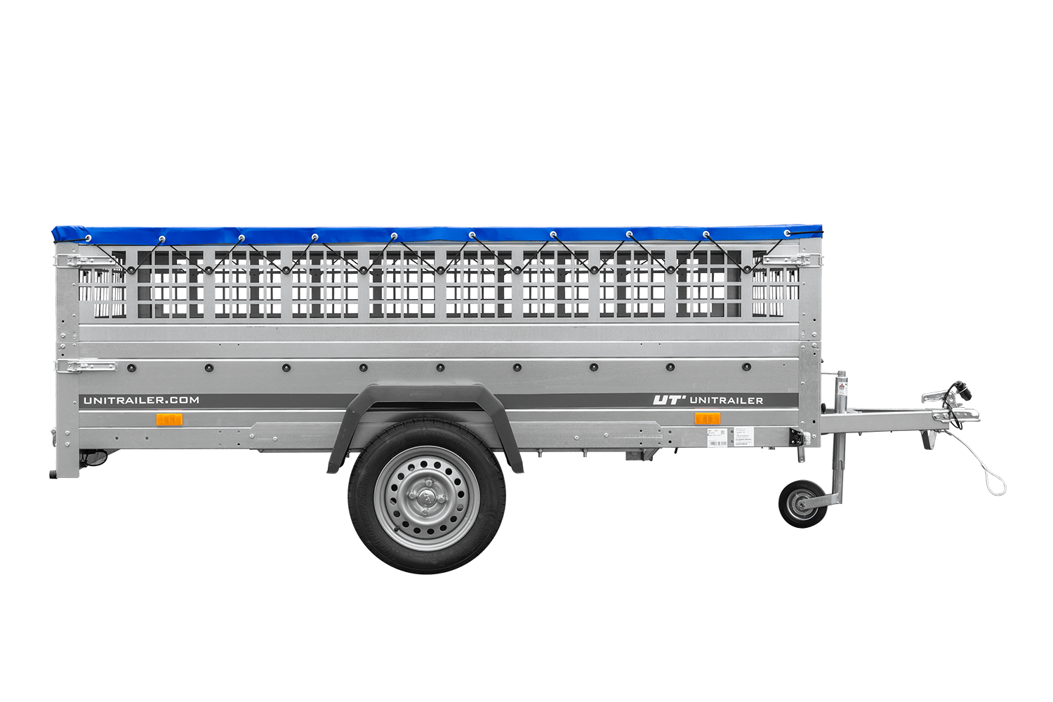 Leichter Anhänger 264x150 UNITRAILER GARDEN 265 KIPP mit Gitterbordwänden, Rahmen H-0 und blauer Plane