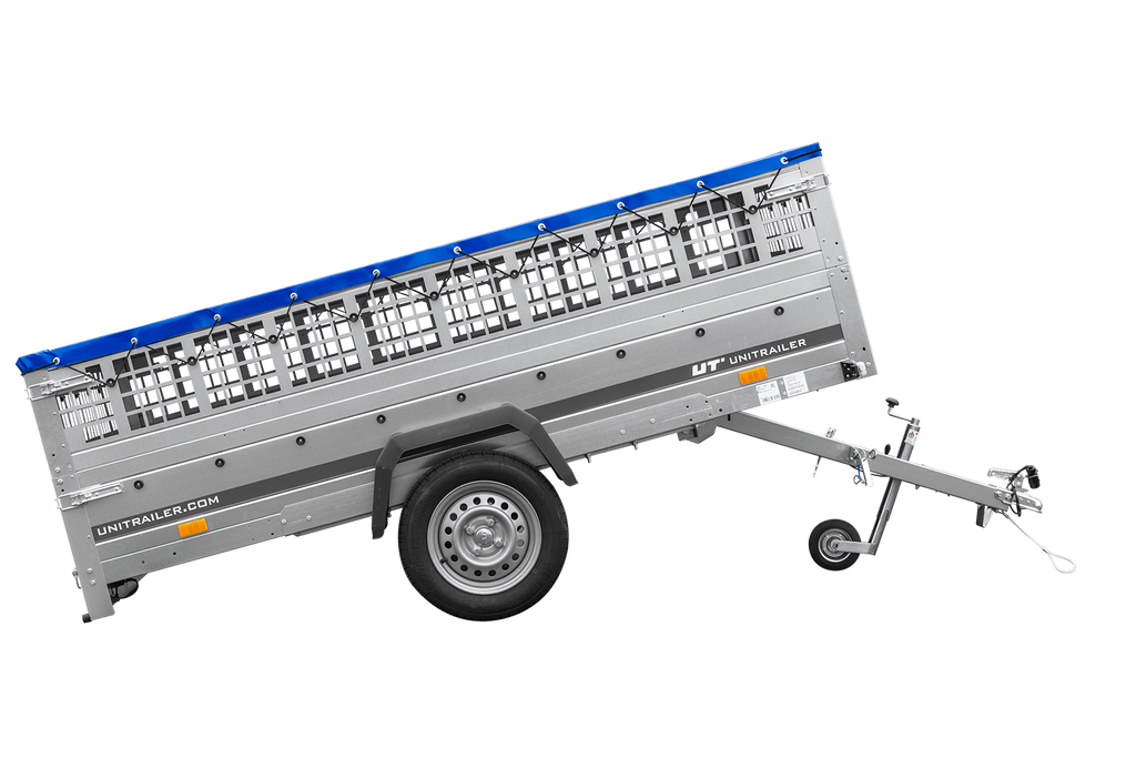 Leichter Anhänger 264x150 UNITRAILER GARDEN 265 KIPP mit Gitterbordwänden, Rahmen H-0 und blauer Plane
