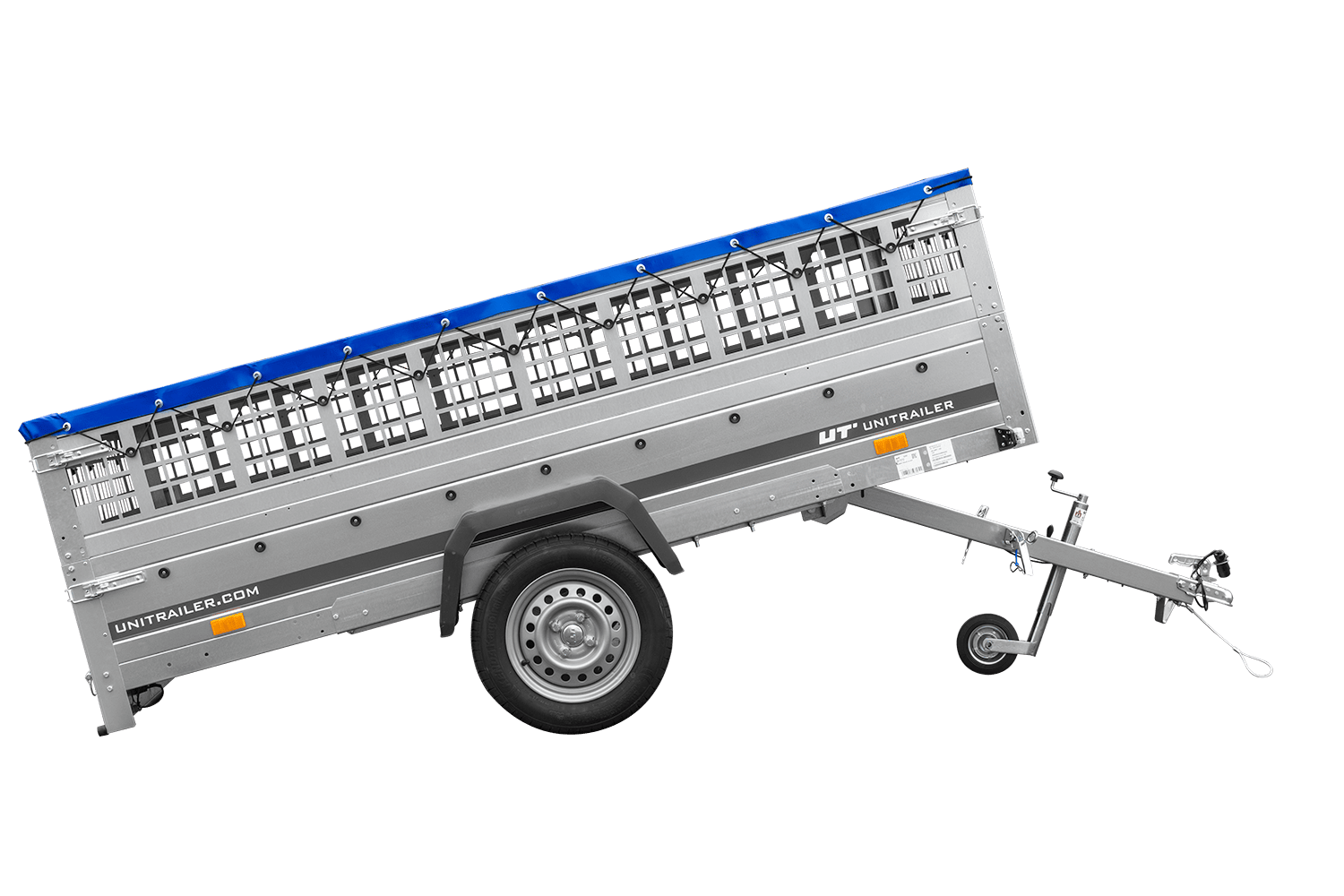 Leichter Anhänger 264x150 UNITRAILER GARDEN 265 KIPP mit Gitterbordwänden, Rahmen H-0 und blauer Plane