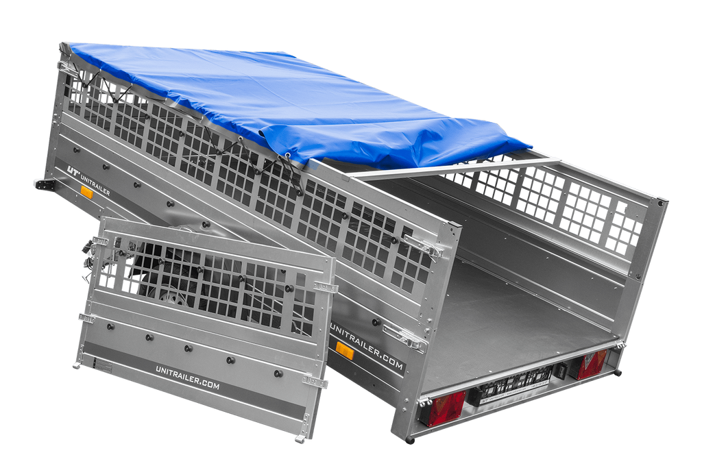 Leichter Anhänger 264x150 UNITRAILER GARDEN 265 KIPP mit Gitterbordwänden, Rahmen H-0 und blauer Plane