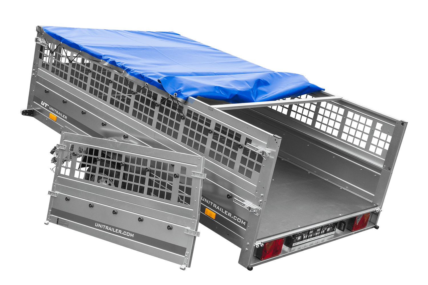 Leichter Anhänger 264x150 UNITRAILER GARDEN 265 KIPP mit Gitterbordwänden, Rahmen H-0 und blauer Plane