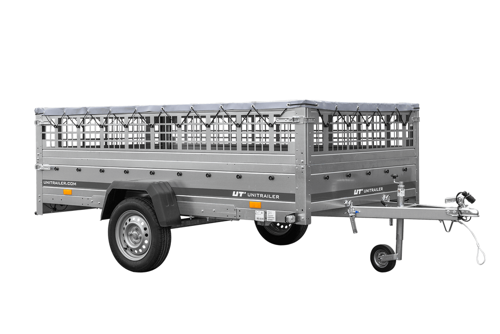 Leichter Anhänger 264x150 UNITRAILER GARDEN 265 KIPP mit Gitterbordwänden, Rahmen H-0 und grauer Plane