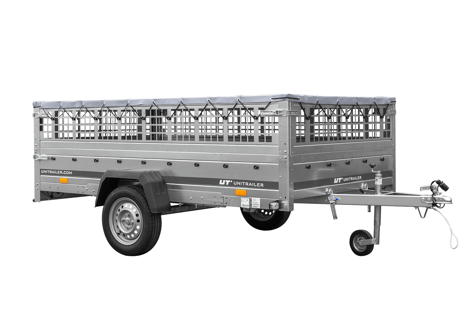Leichter Anhänger 264x150 UNITRAILER GARDEN 265 KIPP mit Gitterbordwänden, Rahmen H-0 und grauer Plane