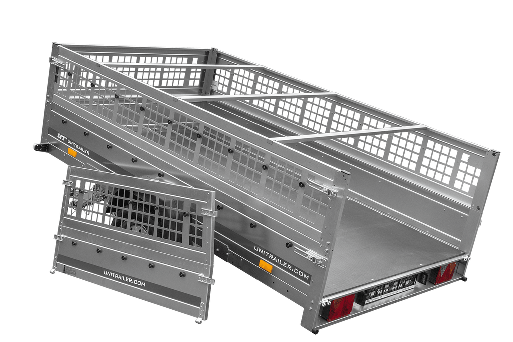 Leichter Anhänger 264x150 UNITRAILER GARDEN 265 KIPP mit Gitterbordwänden, Rahmen H-0 und blauer Plane