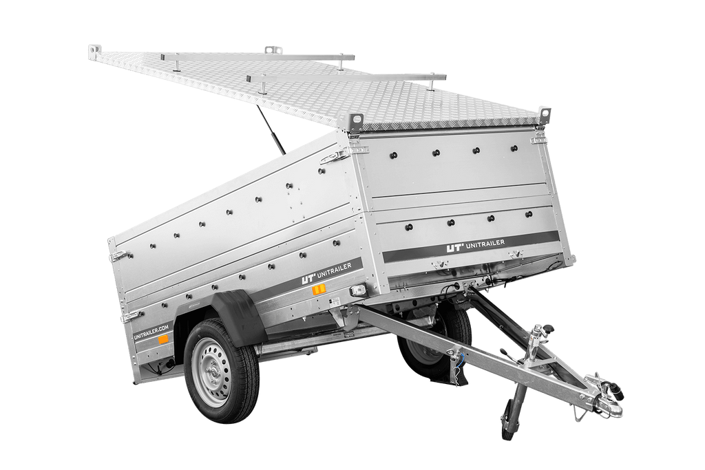 Einachsanhänger 230 × 125 cm UNITRAILER GARDEN 230 KIPP mit BIS-Seitenwänden und Aluminiumabdeckung