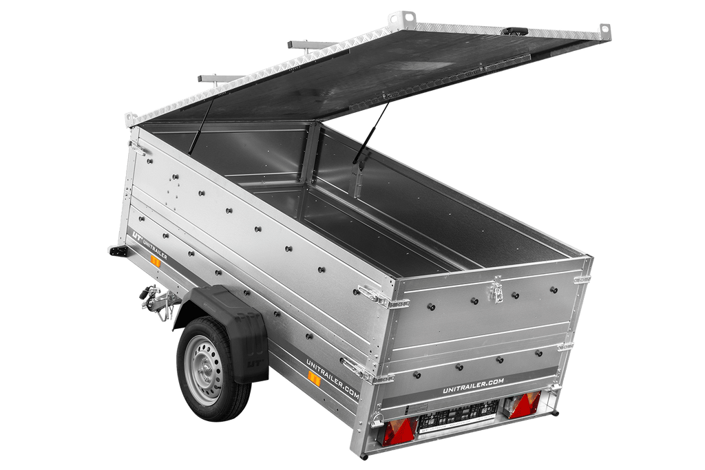 Einachsanhänger 230 × 125 cm UNITRAILER GARDEN 230 KIPP mit BIS-Seitenwänden und Aluminiumabdeckung