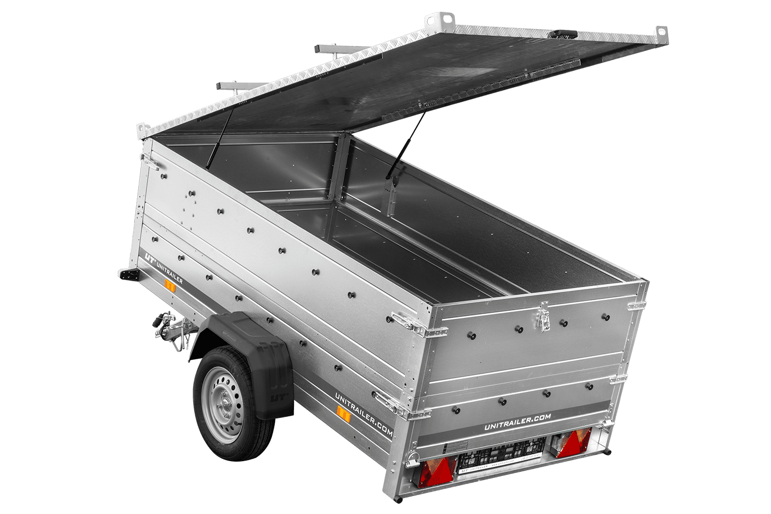 Einachsanhänger 230 × 125 cm UNITRAILER GARDEN 230 KIPP mit BIS-Seitenwänden und Aluminiumabdeckung