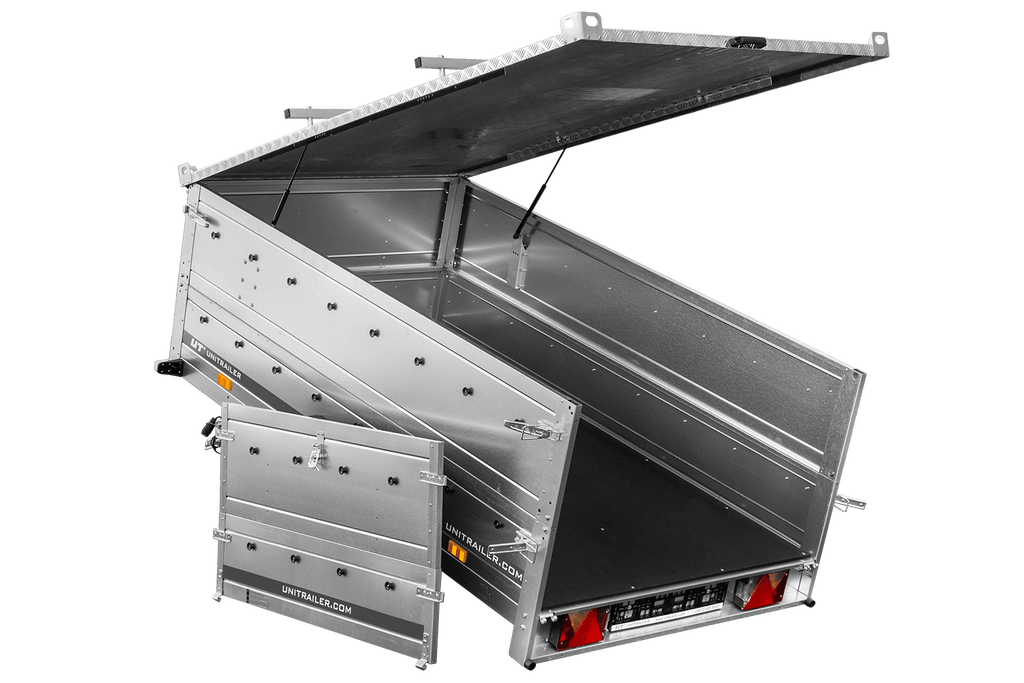 Einachsanhänger 230 × 125 cm UNITRAILER GARDEN 230 KIPP mit BIS-Seitenwänden und Aluminiumabdeckung