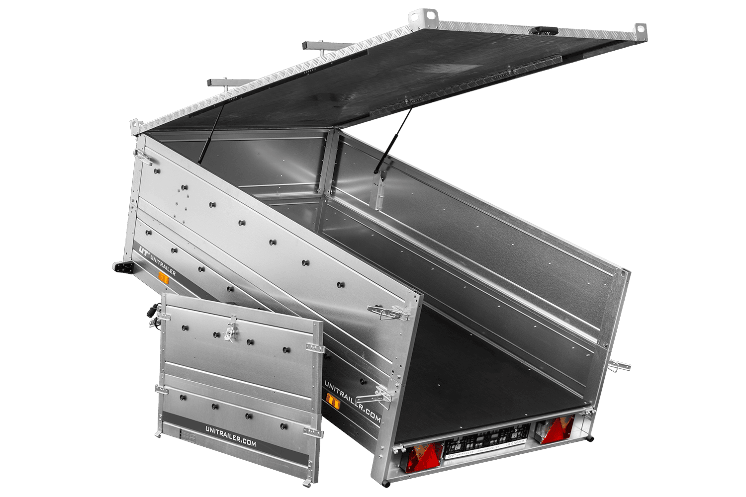 Einachsanhänger 230 × 125 cm UNITRAILER GARDEN 230 KIPP mit BIS-Seitenwänden und Aluminiumabdeckung