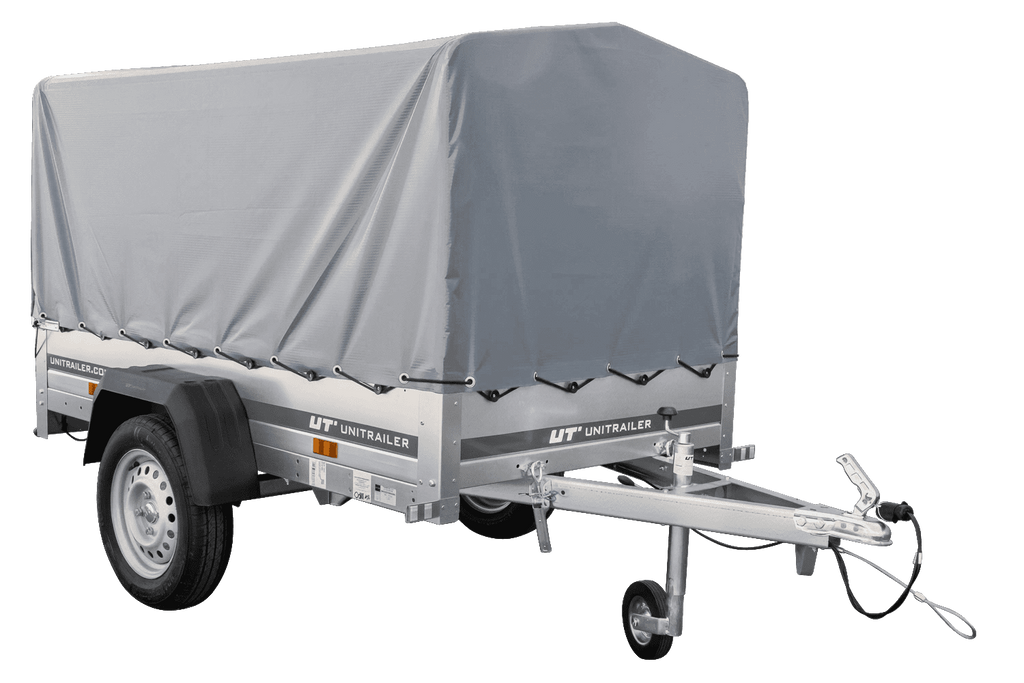 UNITRAILER Garden Trailer 200 KIPP PKW-Anhänger 200 × 106 cm mit Hochplane, Gestell und Stützrad, 500 kg zGG