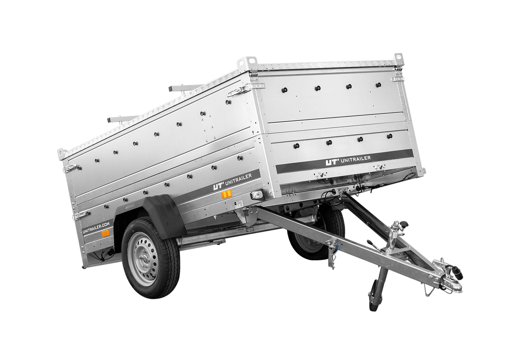 Einachsanhänger 230 × 125 cm UNITRAILER GARDEN 230 KIPP mit BIS-Seitenwänden und Aluminiumabdeckung